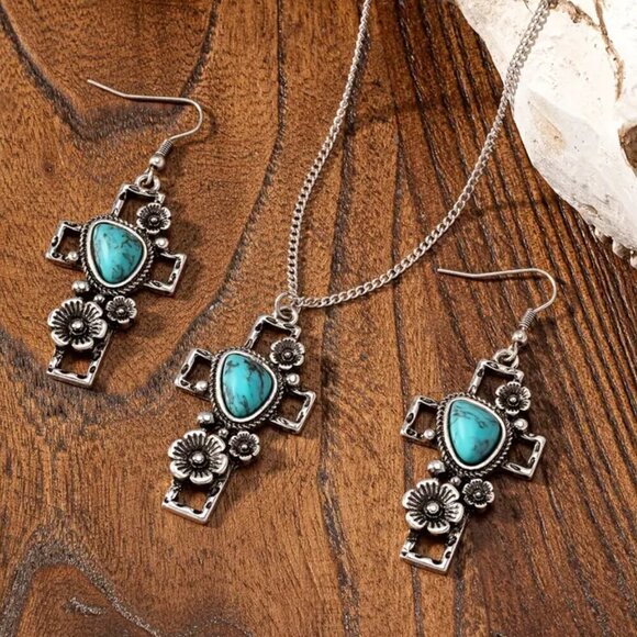 Silver Tone Faux Turquoise Cross Set Necklace Earrings #1448 - Picture 1 of 3